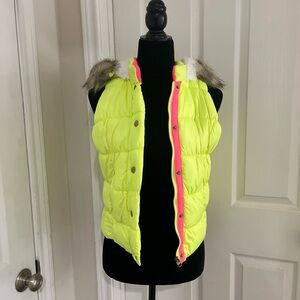 Girls' Neon Yellow Puffer Vest with Pink Zip Placket